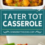 Esta cazuela de tater tot está hecha con tocino, huevos, verduras, papas y mucho queso, todo cocido juntos.