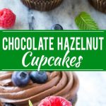 Esta receta de magdalenas de chocolate y avellanas está hecha con magdalenas de chocolate rellenas de chocolate con leche y crema de chocolate con avellanas, luego terminadas con glaseado de chocolate y avellanas y bayas frescas.  ¡El regalo perfecto para una ocasión especial!  #chocmeister #chocolatehazelnut #ad