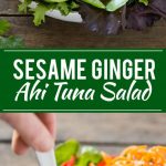 Esta receta de ensalada de atún ahi es ahi a la sartén sobre una cama de verduras mixtas con pepinos y zanahorias, pimientos, aguacate y wonton, todo cubierto con una vinagreta de sésamo y jengibre.  #BBSuperFresh #Seafoodies