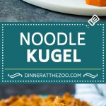 Este kugel de fideos está hecho con fideos de huevo cocidos en una mezcla de natillas dulces, luego se termina con un relleno de copos de maíz de canela y azúcar.