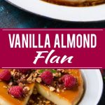 Este rico y cremoso flan está aromatizado con vainilla y almendras y se completa con almendras tostadas picadas y frambuesas.  #ANUNCIO
