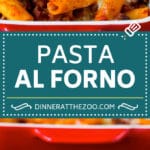 Pasta al Forno es un rigatoni sustancial mezclado con una sabrosa salsa de carne, luego sazonado con queso y horneado en el horno.  #pasta #dinneratthezoo