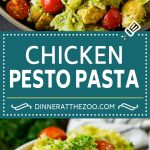 Esta pasta de pollo y pesto está hecha con pollo salteado, farfalle y tomates cherry, todo mezclado con pesto de albahaca y terminado con parmesano.