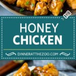 Este pollo con miel está hecho con crujientes trozos de pechuga de pollo que se fríen hasta alcanzar la perfección dorada y luego se rocían con una salsa de miel dulce y salada.