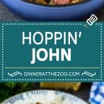 Esta receta de Hoppin 'John está hecha con guisantes de ojo negro cocidos a fuego lento con jamón y verduras hasta que estén tiernos, luego se sirve sobre arroz.