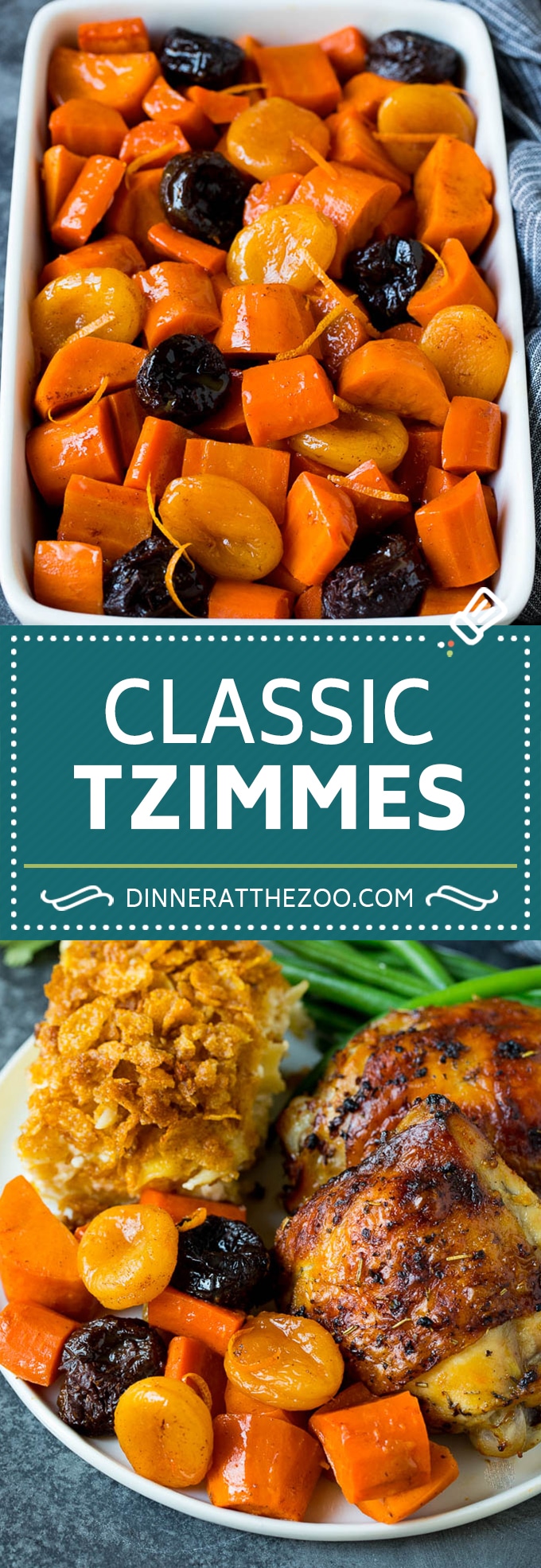Esta receta de tzimmes es un guiso colorido hecho con batatas, zanahorias y frutos secos.