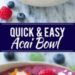 Esta receta de tazón de acai es un batido a base de frutas, puré de bayas de acai y yogur que se sirve en un tazón y se complementa con una variedad divertida y colorida de aderezos.