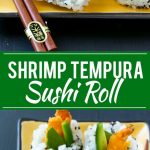 Esta receta de rollo de tempura de camarones es aguacate crujiente y camarones con pepino, todo envuelto en arroz sazonado.  ¡Hacer sushi en casa es bastante divertido y fácil de hacer!