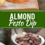 Esta salsa de pesto de almendras en capas es un aperitivo fácil pero impresionante que se prepara en minutos con un procesador de alimentos.  #ANUNCIO