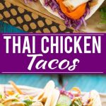 Estos tacos de pollo tailandeses son una cena rápida y fácil.  El pollo marinado con coco se rellena en tortillas calientes con verduras frescas y una generosa cantidad de salsa de maní casera.