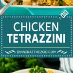 Este tetrazzini de pollo está hecho con espaguetis, champiñones, guisantes, pollo y queso, todo mezclado en una cremosa salsa casera.