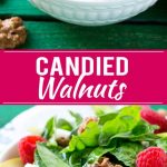 Esta receta de nueces confitadas consiste en mitades de nueces cubiertas con una mezcla dulce de canela y azúcar y cocinadas a la perfección crujiente y crujiente.  ¡Las nueces confitadas son perfectas para ensaladas, bocadillos o envolver para una divertida idea de regalo casero!