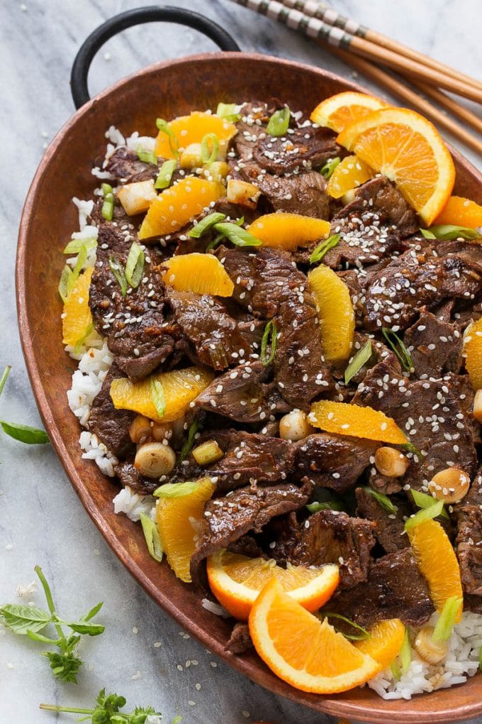 Ternera frita con naranja