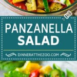 Ensalada de panzanella con cubitos de pan tostado y verduras de colores, todo mezclado en una vinagreta casera.  #ensalada #dinneratthezoo