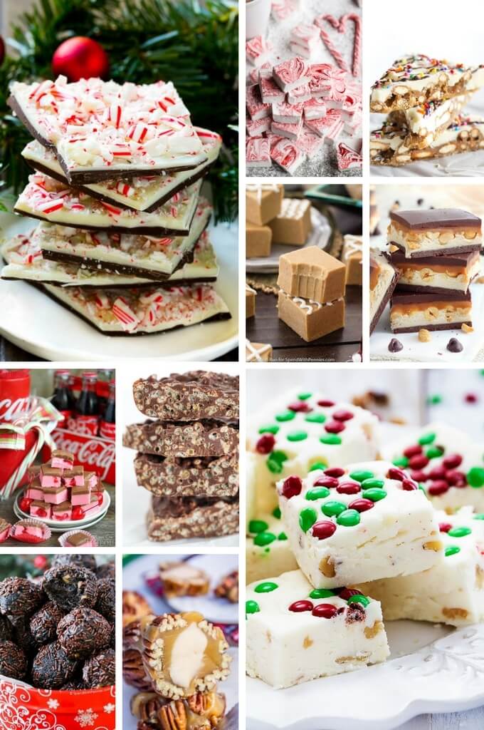 Selecciones de dulces navideños que incluyen dulce de azúcar, bolas de ron y ralladura de menta.
