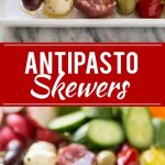 Estas brochetas de antipasto son una variedad de carnes italianas, quesos, aceitunas y verduras ensartadas en un palito para un aperitivo súper fácil pero elegante.