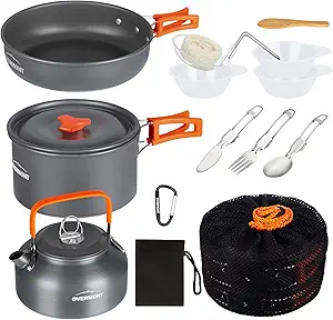 Juego de cazuelas de camping Overmont con olla, sartén y tetera